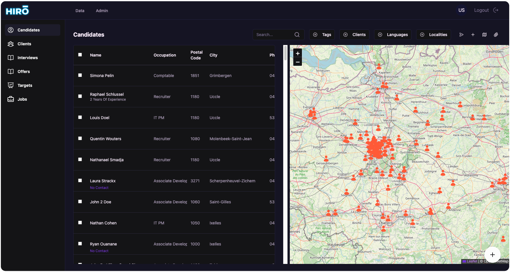 Hiro recruitment CRM dashboard interface
